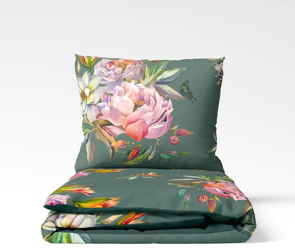 Lenzuolo matrimoniale in cotone sateen verde scuro 200 x 220 cm Floret - Bonami Selection