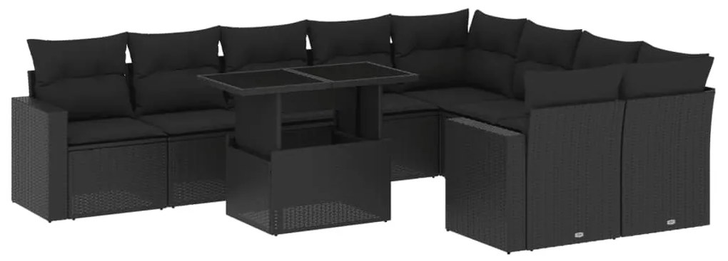 Set divani da giardino 10pz con cuscini in polyrattan nero