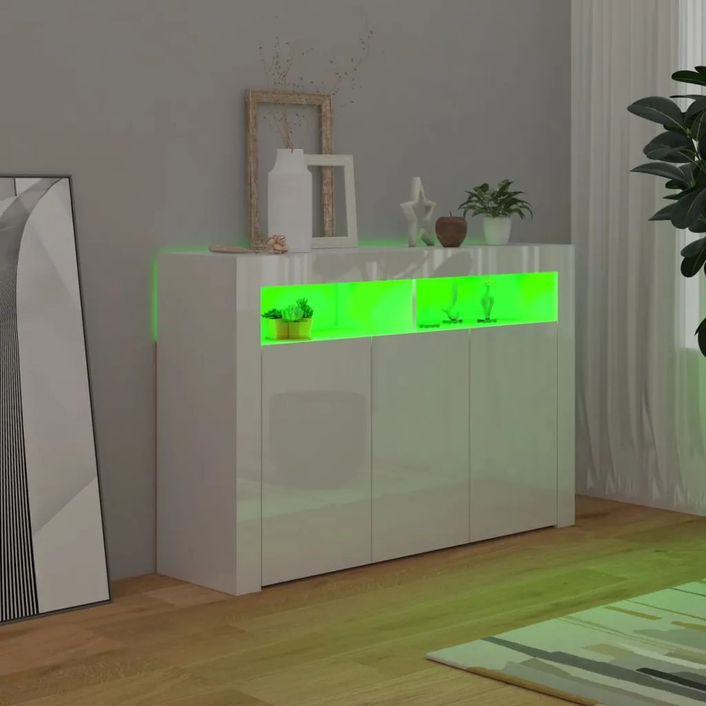 Credenza con luci led bianco lucido 115,5x30x75 cm