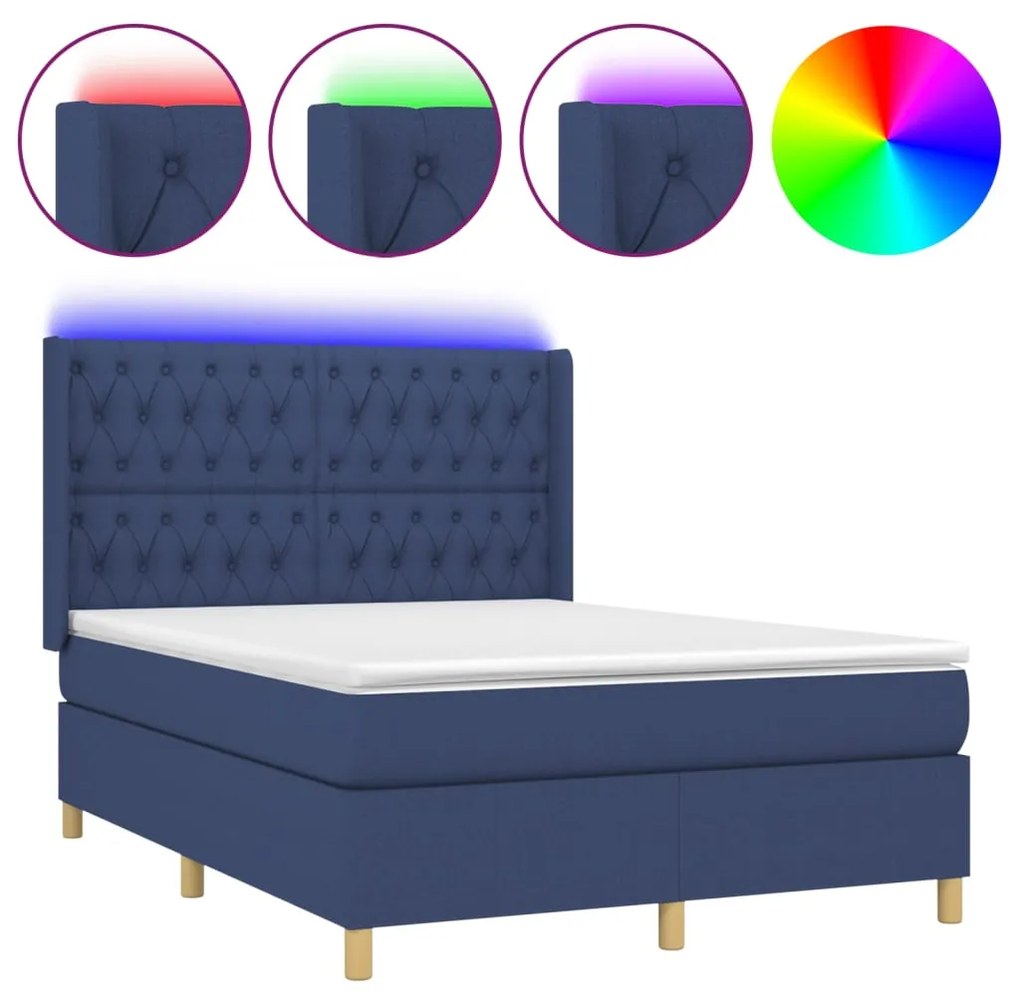 Letto a molle con materasso e led blu 140x190 cm in tessuto