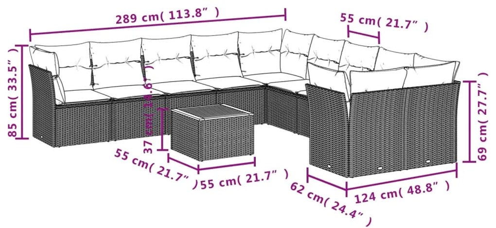 Set divani da giardino 11 pz con cuscini beige in polyrattan