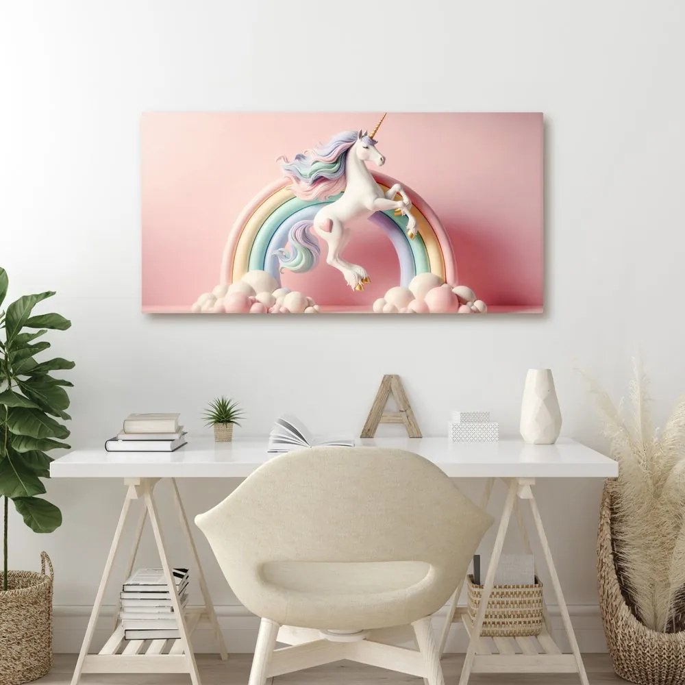 Quadro su tela – Unicorno fiabesco su arcobaleno pastello