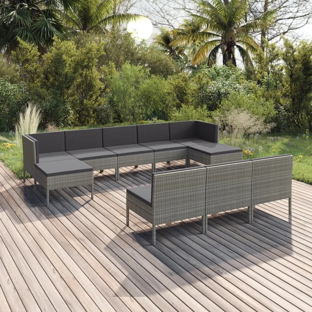 Set divani da giardino 10 pz con cuscini in polyrattan grigio