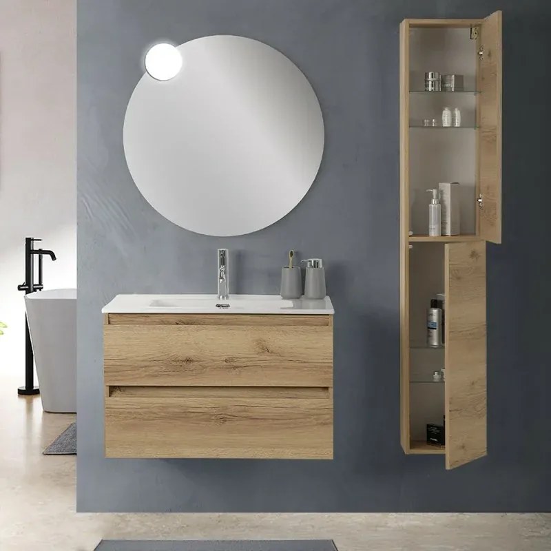 Mobile bagno sospeso 80 cm in legno quercia naturale 2 cassettoni con lavabo e specchio Leda