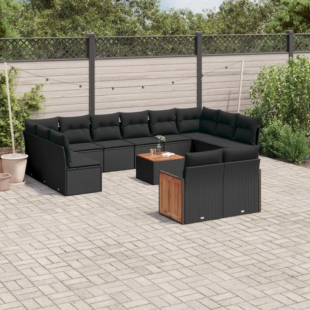 Set divani da giardino 12 pz con cuscini nero in polyrattan