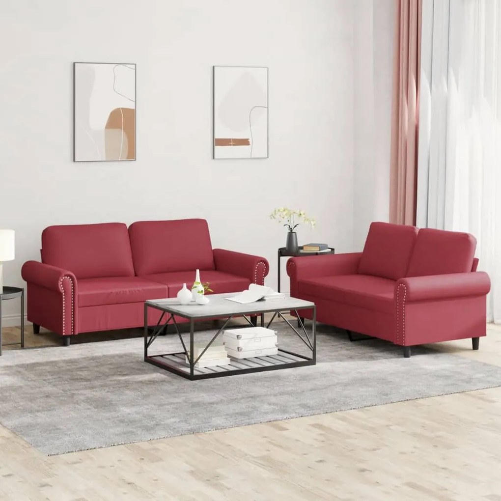 Set Di Divani 2 Pz Con Cuscini Rosso Vino İn Similpelle /