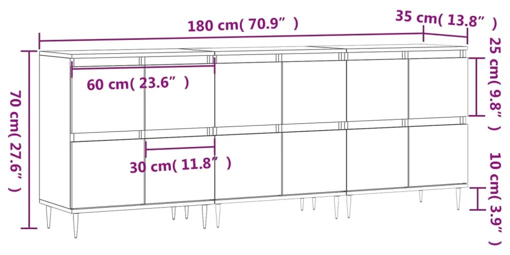 Credenze 3 pz Bianco Lucido in Legno Multistrato