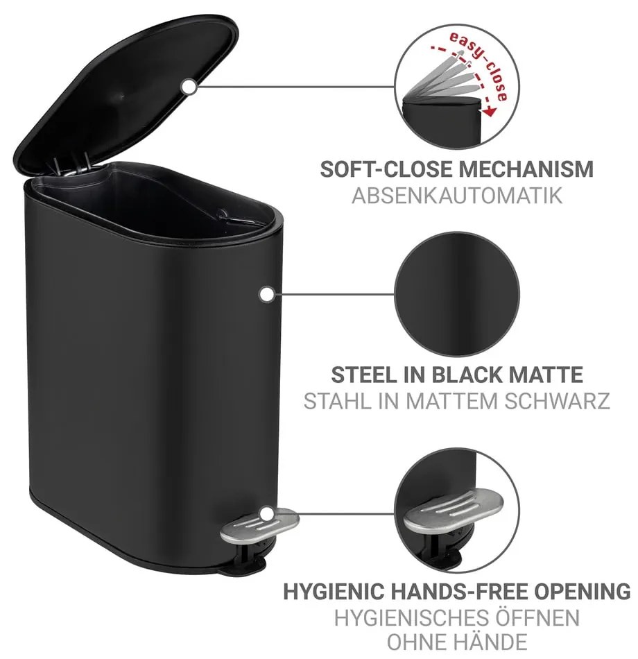 Cestino per la spazzatura nero opaco in acciaio con pedale 5 l Collungo – Wenko