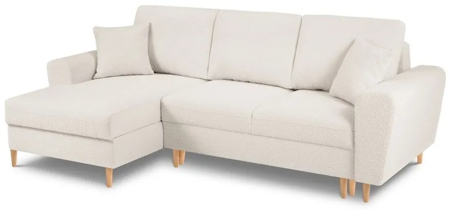 Divano angolare beige allungabile e con contenitore (con penisola a sinistra/con chaise lounge) con rivestimento in bouclé Kyoto – Cosmopolitan Design