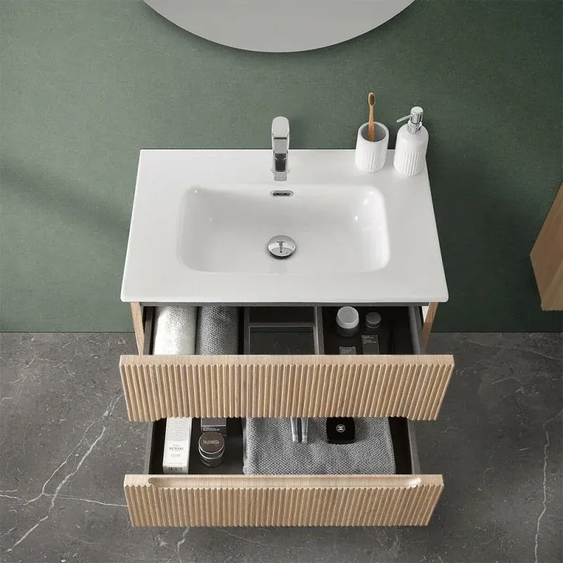 Mobile bagno sospeso 80 cm rovere chiaro cannettato con specchio Bali