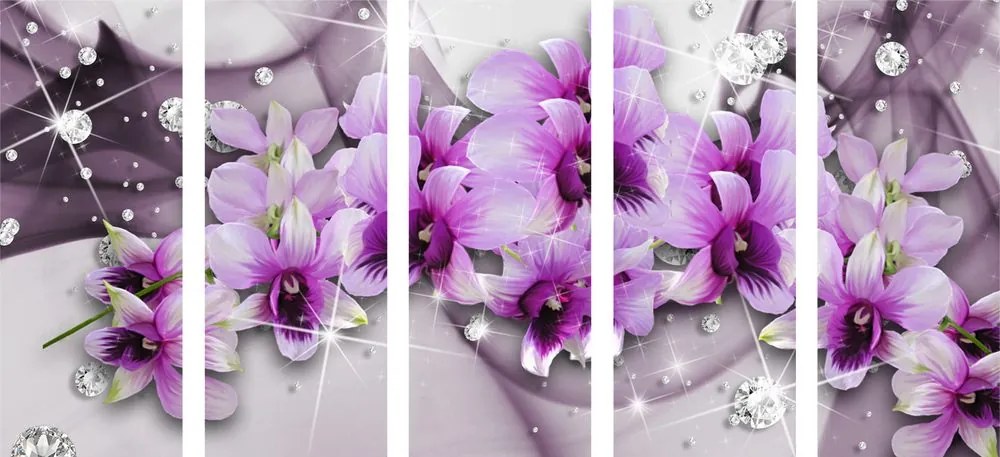 Quadri 5 pezzi – Fiori viola su sfondo astratto