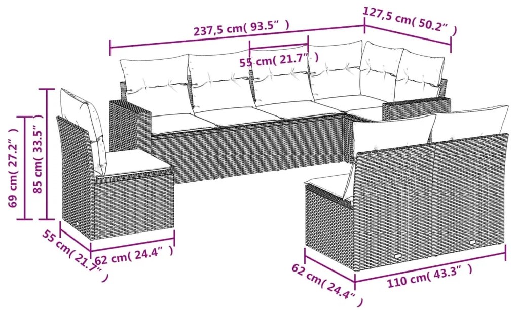 Set divano da giardino 8 pz con cuscini grigio in polyrattan