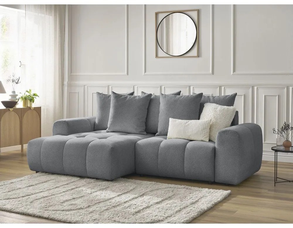 Divano angolare grigio allungabile/con contenitore (con penisola a sinistra/con chaise lounge) con rivestimento in ciniglia Roxelane – Bobochic Paris