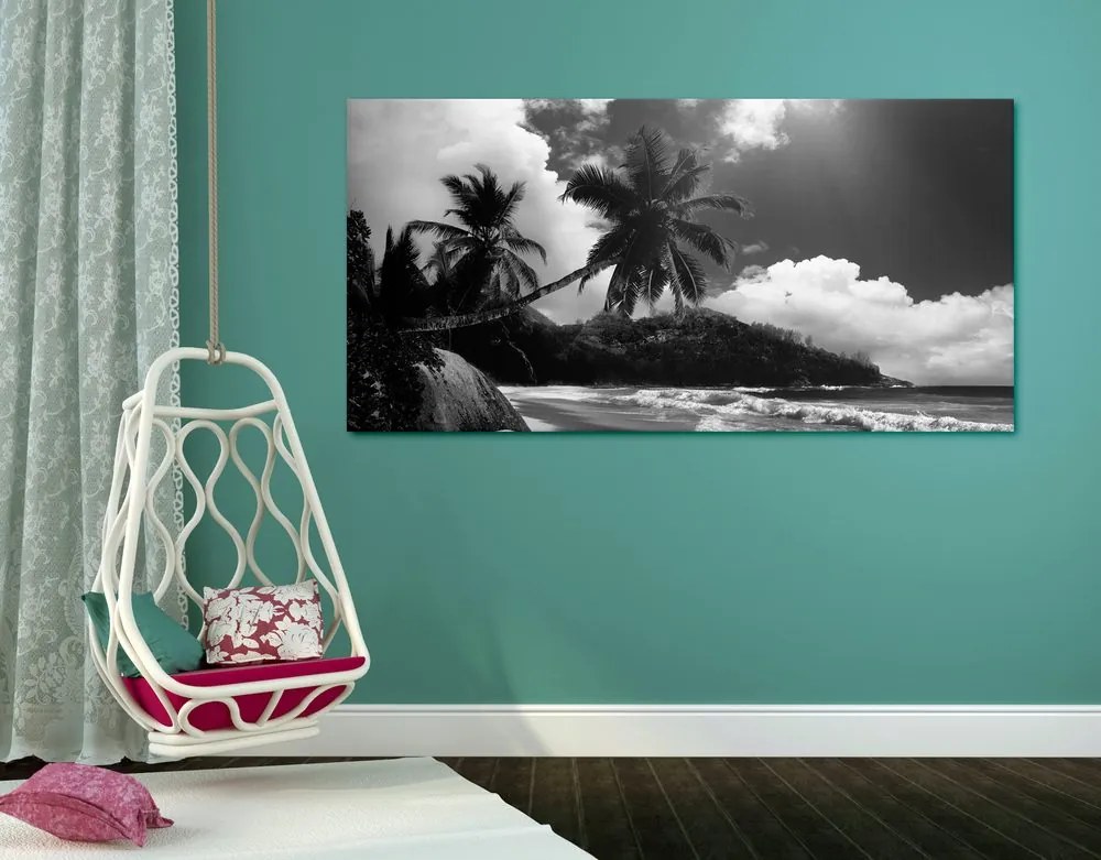 Quadro su tela – Spiaggia stupenda sull'isola delle Seychelles in bianco e nero