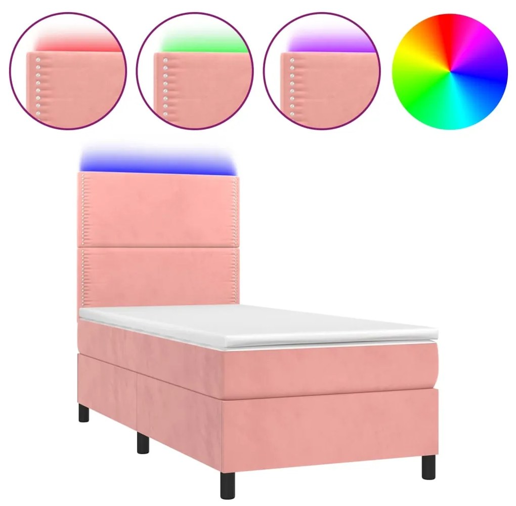 Letto a molle con materasso e led rosa 100x200 cm in velluto
