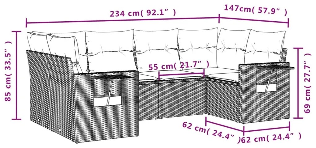 Set divano da giardino 6 pz con cuscini marrone in polyrattan