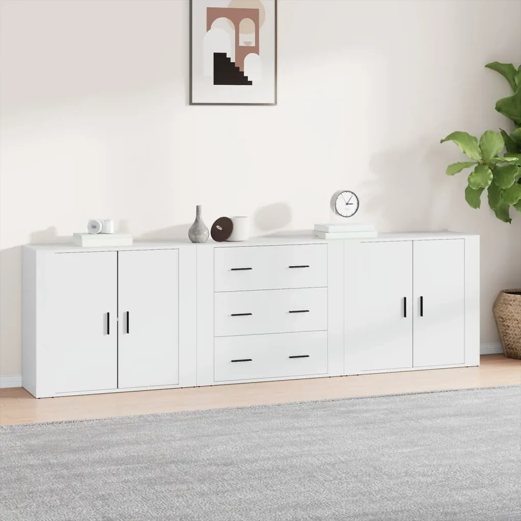 Credenze 3 pz bianco in legno multistrato