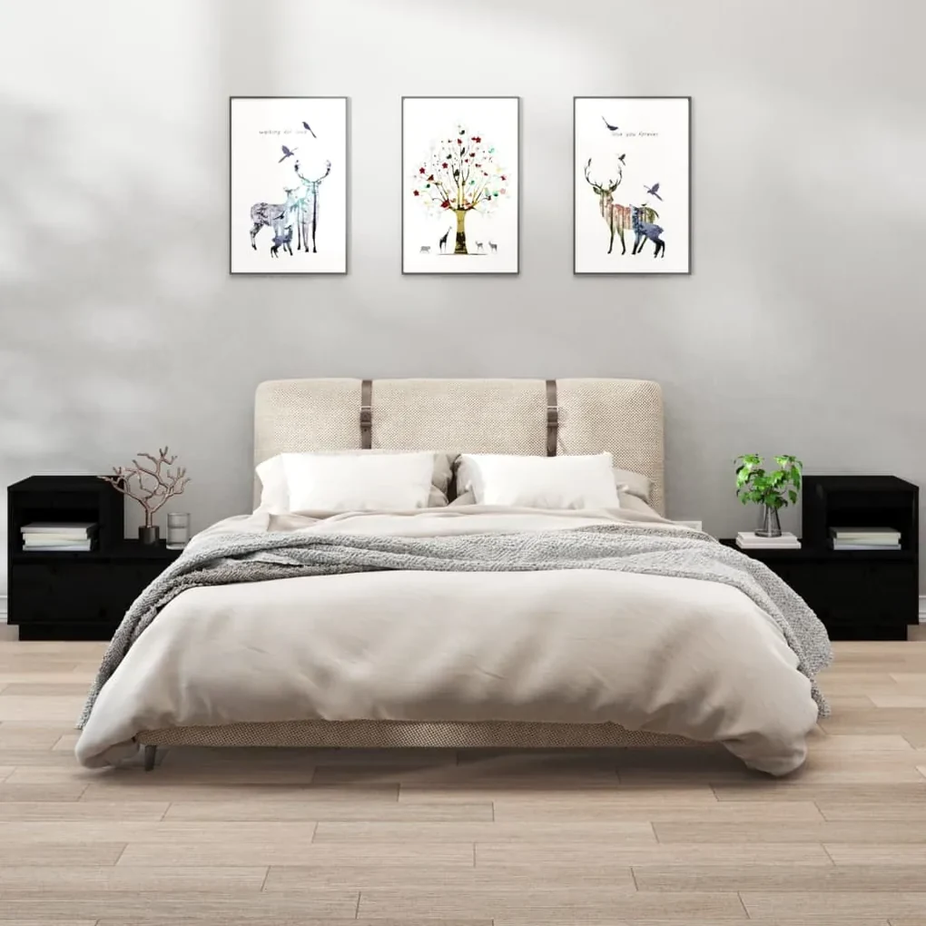 Comodini neri 2 pz 60x34x51 cm in legno massello di pino