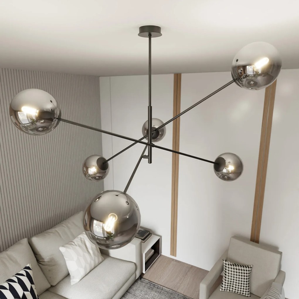 Lampadario 6 Luci Yama In Acciao Nero Con Bracci Regolabili E Vetro Fumè