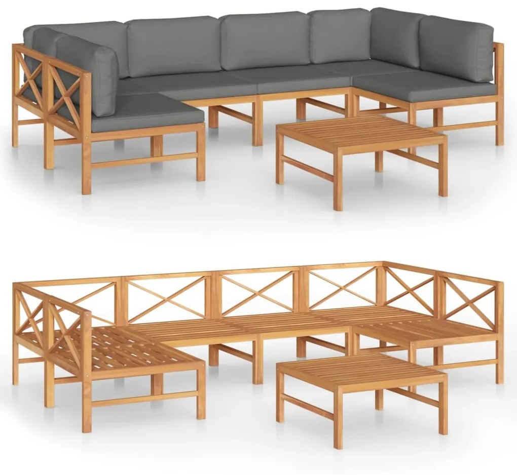 Set Divani da Giardino 7pz Cuscini Grigi Legno Massello di Teak