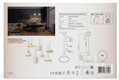 Ledvance - Lampadario a sospensione con filo DECOR PLASTER 1xE27/25W/230V diametro 22 cm gesso bianco