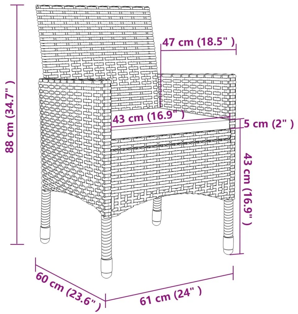 Set da pranzo per esterni 3 pz con cuscini in polyrattan grigio