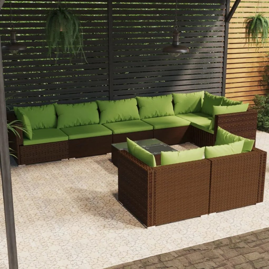 Set Divani da Giardino 9 pz con Cuscini in Polyrattan Marrone