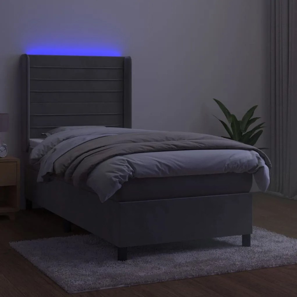 Letto a molle materasso e led grigio chiaro 100x200 cm velluto