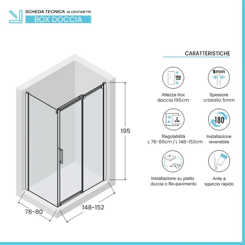 Box doccia angolare 80x150 cm scorrevole in cristallo temperato   Tay