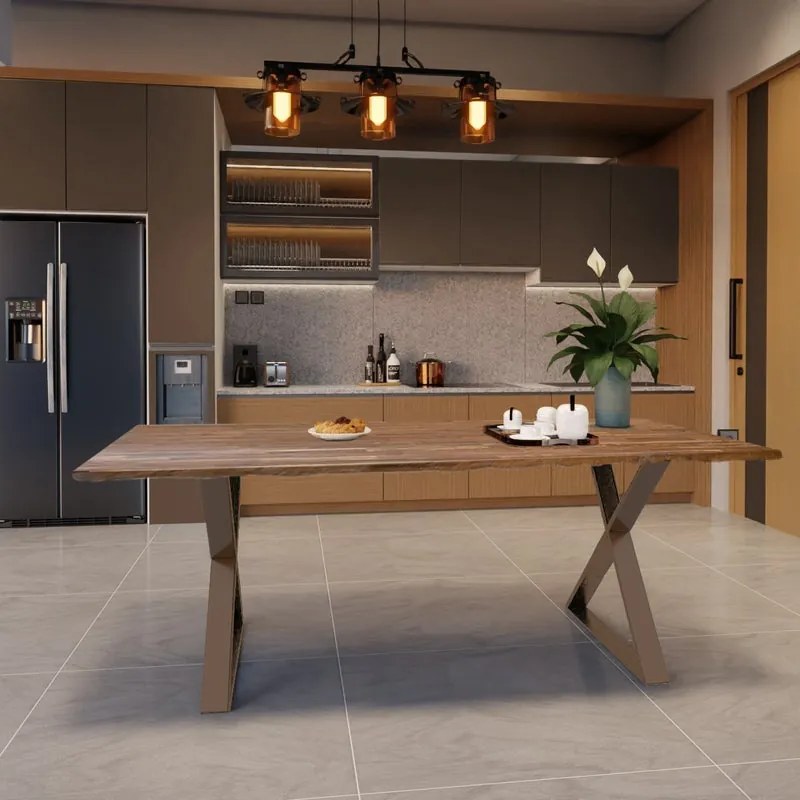 Tavolo da pranzo fisso Cross in legno grezzo di acacia marrone per 8 persone L 200 x L 85 X H 74 cm