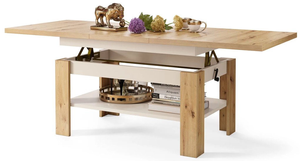 RIO Rovere Artisan/Beige (Champagne) - TAVOLINO TRASFORMABILE SALVASPAZIO ALLUNGABILE ALZABILE TAVOLO CON RIPIANO INFERIORE
