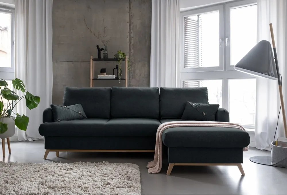 Divano angolare grigio scuro allungabile/con contenitore (con penisola a destra/con chaise lounge) Scandic Lagom – Miuform