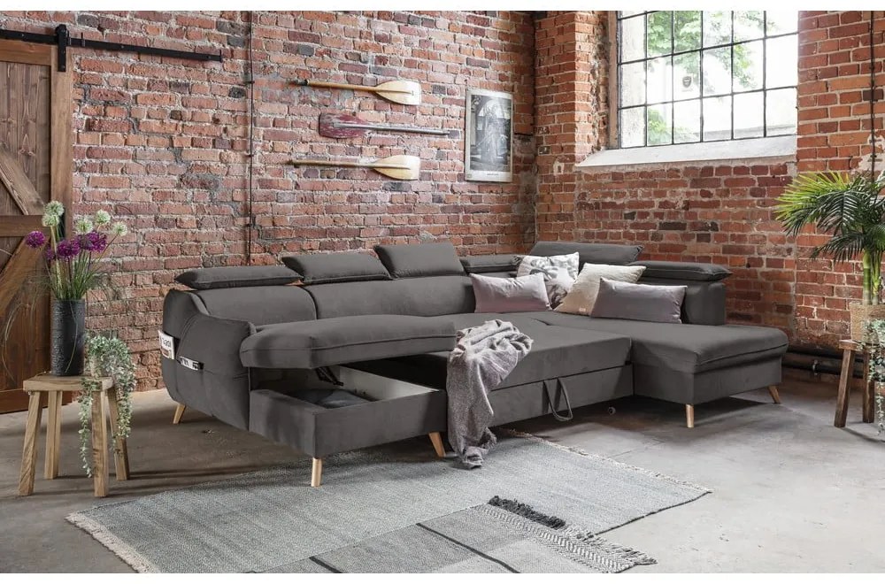 Divano letto angolare a U in velluto grigio scuro (angolo destro) Sweet Harmony - Miuform