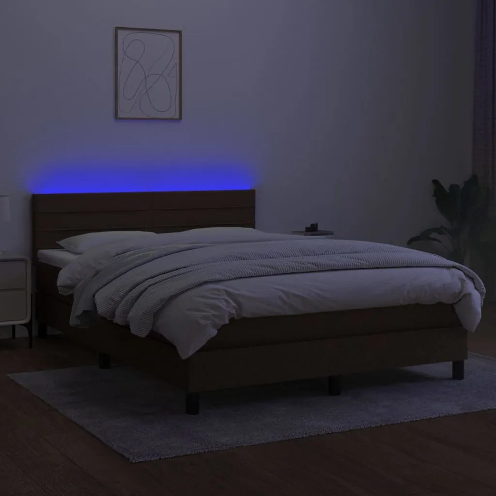 Letto a molle materasso e led marronescuro 140x190cm in tessuto