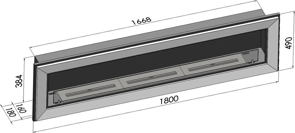 Camino a Bioetanolo da Parete/Incasso 180x49 cm Frame 1800 Nero con Vetro...