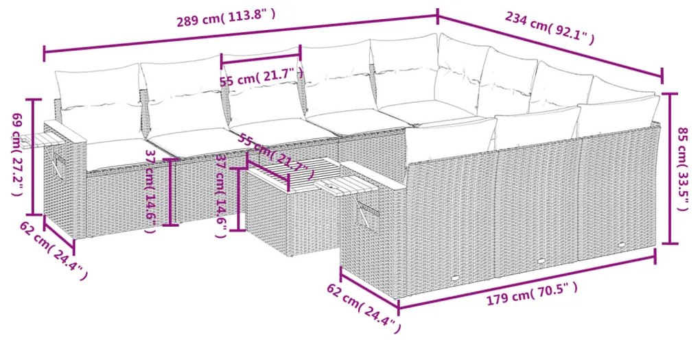 Set divani da giardino 11 pz con cuscini beige in polyrattan