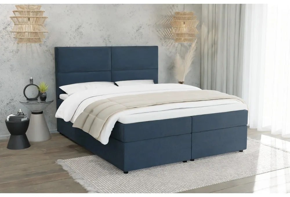 Letto boxspring blu scuro con spazio contenitivo 200x200 cm - Ropez