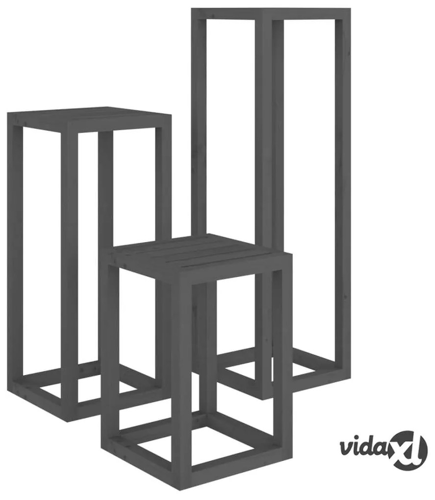 vidaXL Set Supporti per Piante 3 pz Grigio in Legno Massello di Pino