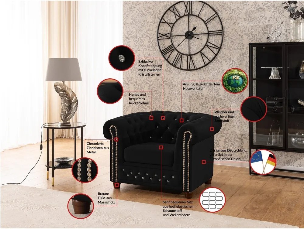 Poltrona chesterfield nera con rivestimento in velluto York Blik – Ropez