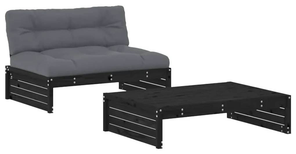 Set Divani da Giardino 2 pz con Cuscini in Legno Massello Nero