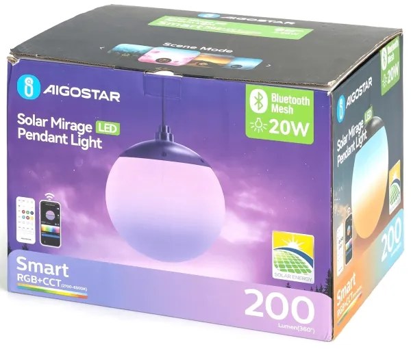 Aigostar-LED RGBW Lampada a sospensione solare MESH 20 W, 3,7 V, 4000 mAh, 2700–6500 K, IP65, Ø 15 cm