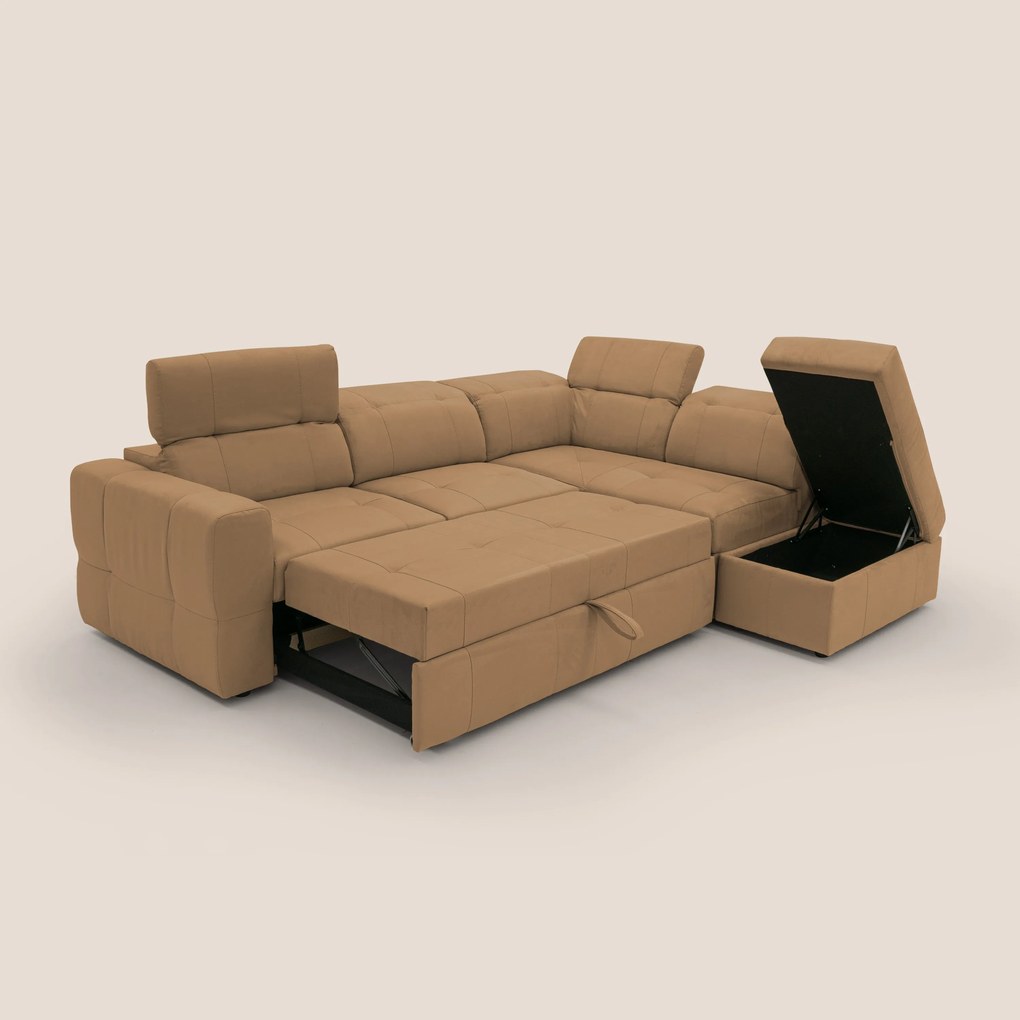 Kronos Divano angolare con poggiapiedi estraibile e pouf contenitore mobile in microfibra impermeabile T11 cuoio