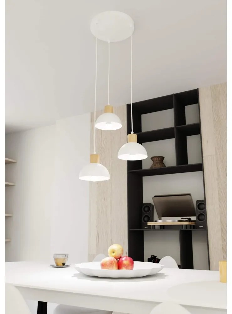 Lampada a sospensione SECO 3 PREMIUM in acciaio e legno 3xE27 Colore del corpo Bianco