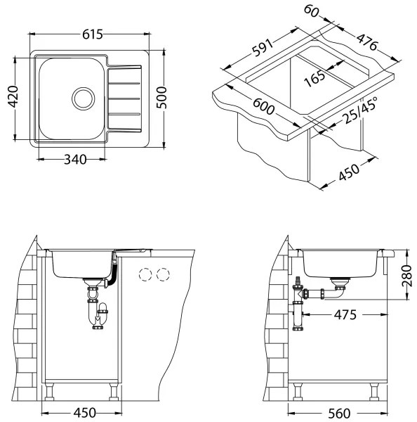 ALVEUS 1125356 - Lavello della cucina LINE 61,5x50 cm opaco acciaio/raso