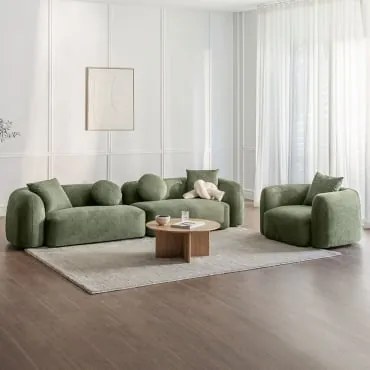 Set Da Soggiorno Con Divano Modulare A 2 Pezzi E Poltrona In Ciniglia Coco Tessuto Ciniglia Verde Salvia - Sklum