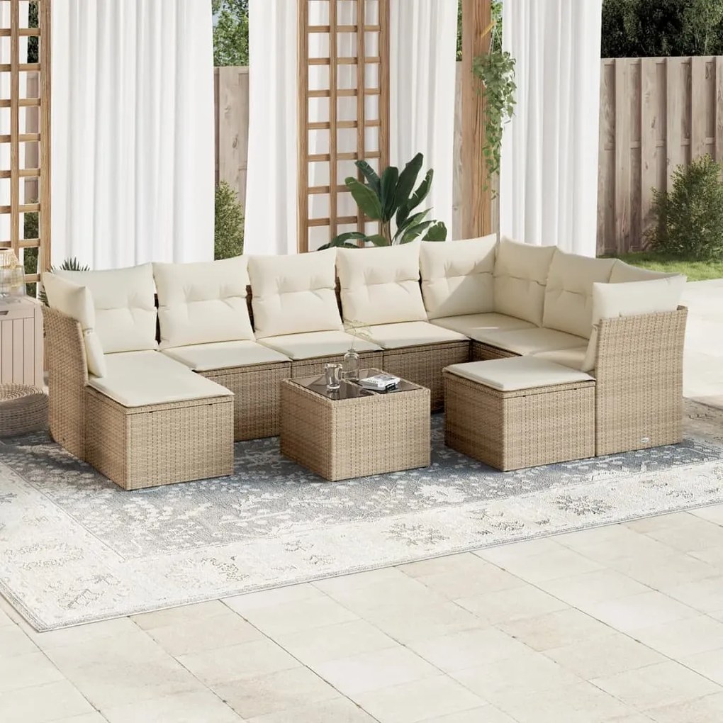 Set divano da giardino 10 pz con cuscini beige in polyrattan