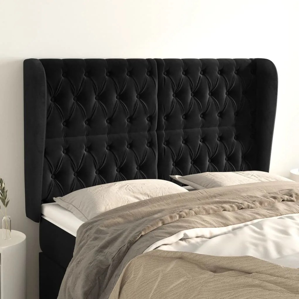 Testiera Ad Orecchio Nera 163x23x118/128 Cm İn Velluto /