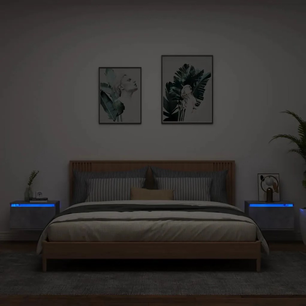 Comodini A Parete Con Luci Led 2 Pz Grigio Cemento /