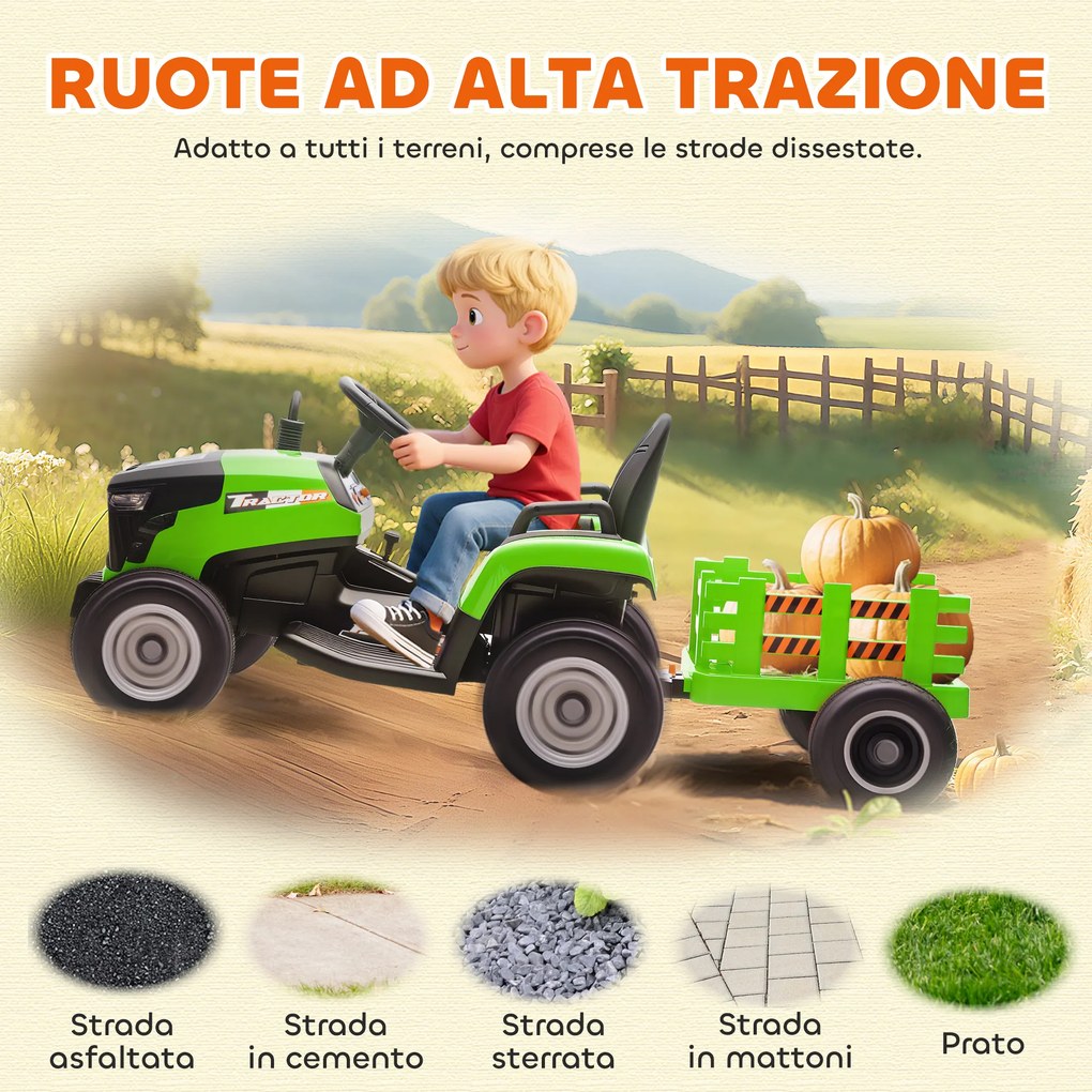 Trattore Elettrico per Bambini 12V con Rimorchio Staccabile 139x58x55 cm e Telecomando Verde...