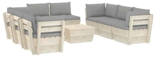 Set Divani da Giardino su Pallet 9 pz con Cuscini Legno Abete